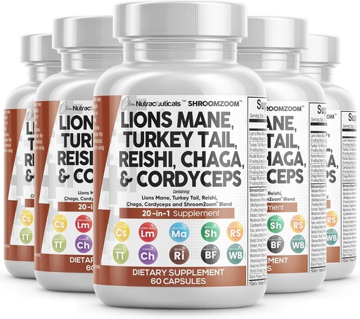 [BRSRAAT3O56R4AIY] Clean Nutraceuticals Lions Mane 20in1 Mushroom Supplement with Turkey Tail Reishi Cordyceps Chaga Maitake Meshima Poria Cocos Shiitake Oyster Porcini Enoki (5)