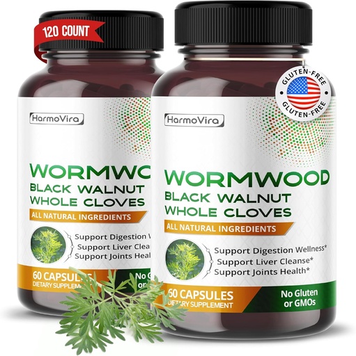 [BRSRAGLYCUJRS2QV] Wormwood Black Walnut Whole Cloves Ginger - Support Digestion Wellness, Liver Cleanse, Joints Health - 120-day Supply - Made in The USA