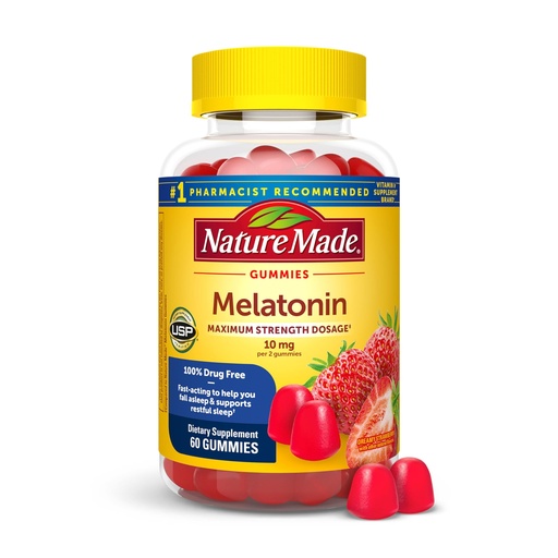 [BRSWYZY7OYOQY2TB] Nature Made Melatonin 10mg per serving Gummies, Maximum Strength Dosage, 100% Drug Free Sleep Aid for Adults, 60 Melatonin Gummies, 30 Day Supply