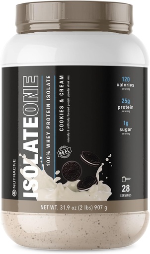 [BRSROBILB4DWKCD4] NutraOne isolateOne Whey Isolate Protein Powder 100% Puro Whey Isolate Powder (Cookies & Cream - 28 Servings)