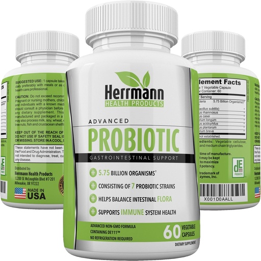 [BRSWKHDYPIOGYHDG] Probiotics by Herrmann Health Products | Probiotic for Men and Women | High Potency 7 Strain Formula | 5.75 Billion Organisms per Capsule | Non-GMO Consisting of DE111™ | GMP Certified 60 Capsules