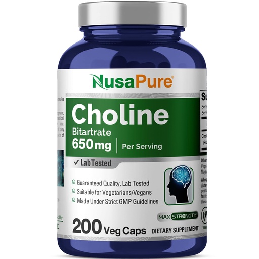 [BRSWG2Q6DJ4GEG3Z] NusaPure Choline Bitartrate - Suitable for Vegetarian/Vegan, Non - GMO - 650 mg 200 Capsules