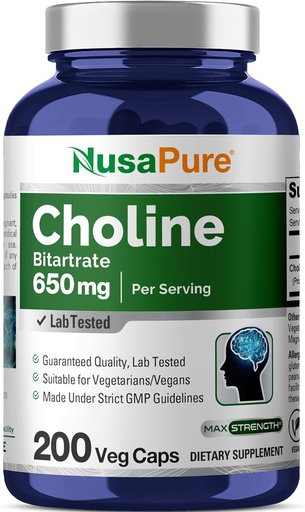 [BRSWG2Q6DJ4GEG3Z] NusaPure Choline Bitartrate 650 mg 200 Veggie Capsules (Vegetariano, No GMO, Vegan)