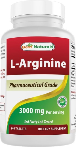 [BRSRAAA6OUPA2F3G] Geriausi Naturals L- Argininas 3000mg per Serving - 240 tablečių - Farmacijos laipsnis - Non- GMO & Gluten Free - Pagaminta JAV