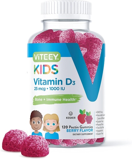 [BRSWYBIFBNYROCT7] Viteey Vitamin D3 Kids Gummies 25mcg 1000 IU - Bone Health, Immune Health, Joint Muscle Support - Vegetarian, Gelatin Free, Gluten Free, GMO Free - Tasty Chewable Berry Flavored