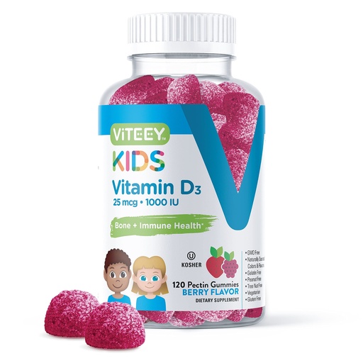 [BRSWYBIFBNYROCT7] Viteey Vitamin D3 Kids Gummies 25mcg 1000 IU - Bone Health, Immune Health, Joint Muscle Support - Vegetarian, Gelatin Free, Gluten Free, GMO Free - Tasty Chewable Berry Flavored