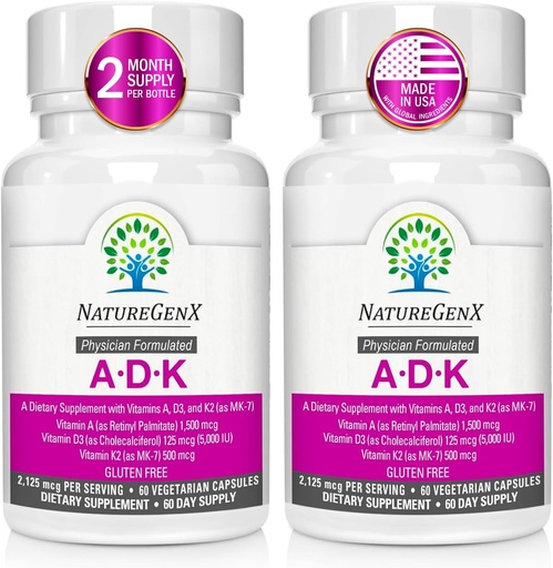 [BRSWYAIDOICR6CD6] ADK Vitamin Supplement - Enhanced Bone Health with High Potency Vitamins A, D3, K2, Gluten-Free, 60 Capsules (Pack of 2)