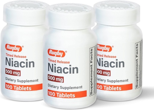 [BRSWIGYLBBYBA2D6] Rugby Timed-Release Niacin 500mg with 28mg Calcium, Dietary Supplement for Energy, Circulation and Metabolism Support, 100 Tablets (3 Pack)