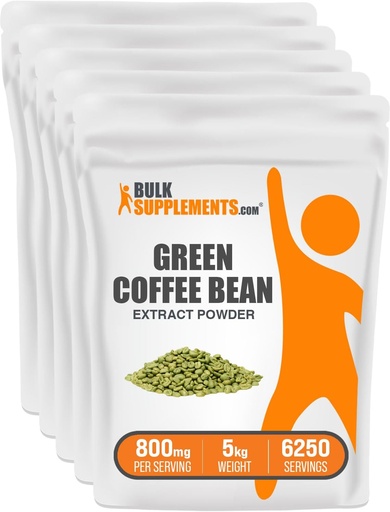 [BRSWIAQLBMARKCDU] BulkSupplements.com Green Coffee Bean Extract Powder - Green Coffee Bean Supplements, Green Coffee Bean Powder - Energy Support, Gluten Free, 800mg per Serving, 5kg (11 lbs) (Pack of 5)