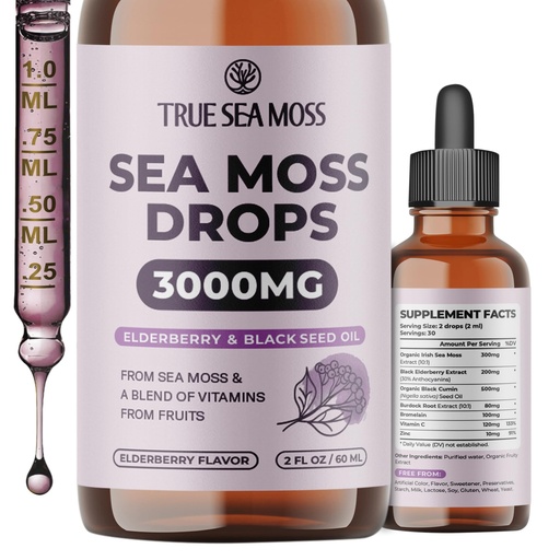 [BRSRA2YKOICBMETB] TrueSeaMoss Organic Irish Sea Moss Liquid Drops – Black Cumin Seed Oil, Black Elderberry Extract, Burdock Root, Vitamin C & Zinc – Elderberry Flavor – 30 Servings