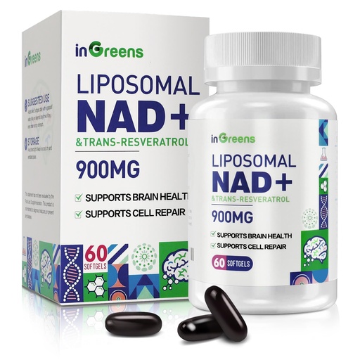 [BRSROYL3DIDWKALL] inGreens 900mg Liposomal NAD+ Supplement with 300mg Trans Resveratrol - Superior Absorption, Replaces NMN, Boost NAD+ for DNA Repair, Energy & Longevity, Aging Defense, 60 Softgels