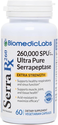 [BRSWIAANAEIRMCDI] Serra-RX 260,000 SU Serrapeptase -Acid-Resistant Proteolytic Systemic Enzyme, Non-GMO, Gluten Free, Vegan, Supports Sinus, Immune & Lung Health, 60 Veg Capsules