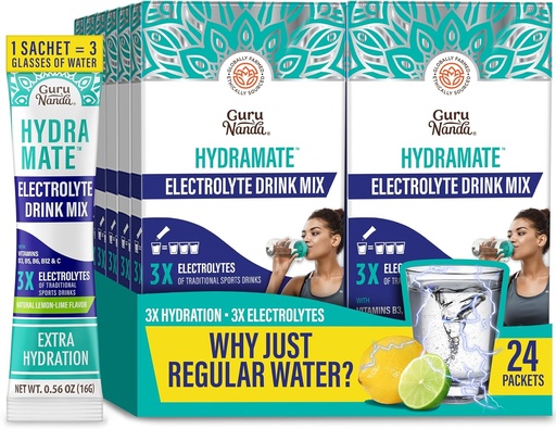 [BRSRAGIOOQBAIHI6] GuruNanda Hydramate Hydration Support Drink Mix - Electrolyte Powder Packets for Dehydration, Exercise & Energy - No Added Sweeteners, Non-GMO, Natural Lemon Lime Flavor - 24 Count (0.56 oz Each)