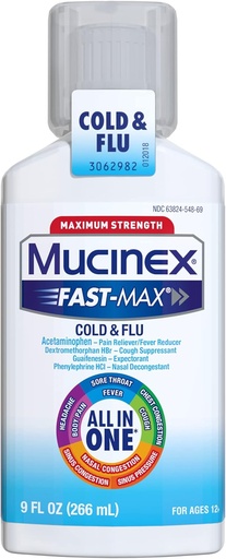 [BRSWGGTRCMBQOCLL] Mucinex Fast-Max Maksimaalne tugevus All-in-One Cold & Flu, 9 oz pudel, kasutamiseks peavalude, kehavalu, valulike ohtude, palavike, rindkere ummistuste, köha, nina / kõhukinnisuse ja siinusrõhu korral