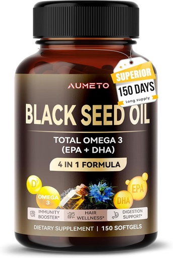 [BRSROAAODEMQOFD3] Organic Black Seed Oil - 150 Softgel - 100% Cold Pressed Source of Omega 3 (EPA + DPA) - Skin, Hair, Immune Support (150 Count (Pack of 1))