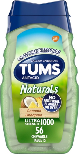 [BRSWYBTYCMPQKELF] TUMS Naturals Chewable Ultra Strength Antacid Chews for Heartburn Relief, Coconut Pineapple - 56 Count