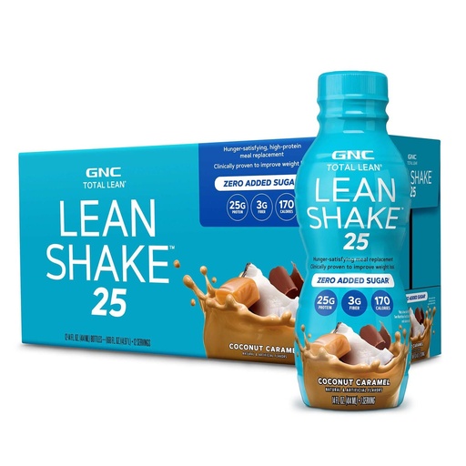 [BRSRAGAZDIPAYF3D] GNC Lean Shake 25 Protein Shake, клинически доказанное управление весом, замена еды, 25 г белка с нулевым добавлением сахара, готов к употреблению, кокосовая карамель, упаковка 12