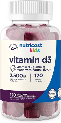 [BRSWYC37PN6BYHLG] Nutricost Kids Vitamin D3 Gummi 2.500 IU (62.5mcg), 120 Gummis - Gemischte Berry Flavored