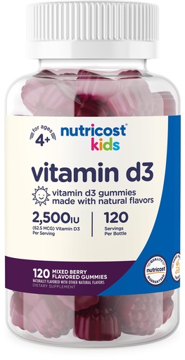 [BRSWYC37PN6BYHLG] Nutricost Kids Vitamin D3 Gummies 2,500 IU (62.5mcg), 120 Gummies - Mixed Berry Flavored
