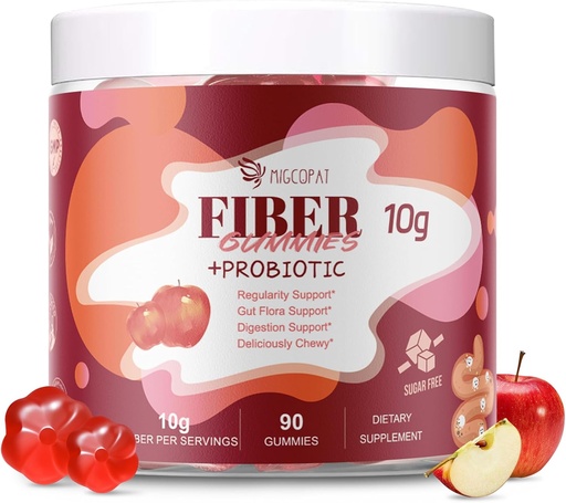 [BRSRAAQKAAHBEFYV] Fiber Gummies s probiotikami,10G Fiber per Serving No Sugar Added Apple Flavor, with 10 Billion CFU Probiotiká Blend, Apple Cider Ocogar, Vitamín C, Inulin, Bloating Support 90 Count