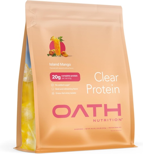 [BRSRAGQ2DEMWCHL7] Nutriție Oath Clear Whey Izolate Proteine Pulbere, Insula Mango, 20g Proteina completa per Servire, Nu Adăugat zahăr, Grass-Fed, 18 Servire