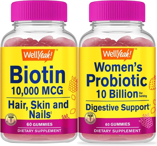 [BRSRMBIZCMNAA3AZ] WellYeah High Potency Biotin + Probiotics Women 10B CFU, Gummies Bundle - Great Tasting, Vitamin Supplement, Gluten Free, GMO Free, Chewable Gummy