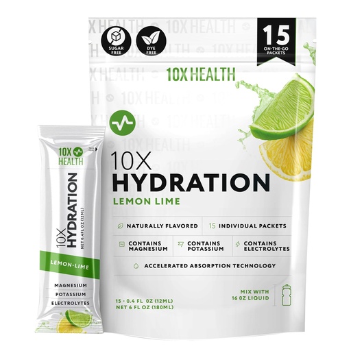 [BRSRAAT2B57GYDLH] 10X Health Electrolyte Drink Mix - Hydration Packets - Sodium, Magnesium, Potassium Citrate & Electrolytes Packets - Naturally Flavored, Dye-Free & Sugar-Free Hydration Packs - 15 Sticks, Lemon Lime