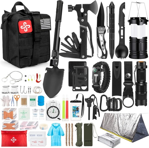 [BRSW2C33CIPQ2EI2] Survival Kit, 250Pcs Survival Gear First Aid Kit with Molle System Compatible Bag and Emergency Tent, Emergency Kit for Earthquake, Outdoor Adventure, Hiking, Hunting, Gifts for Men Women