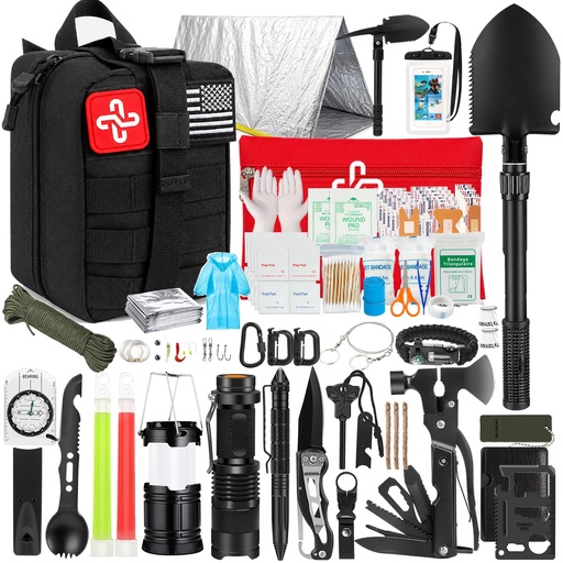 [BRSW2C33CIPQ2EI2] Survival Kit, 250Pcs Survival Gear First Aid Kit with Molle System Compatible Bag and Emergency Tent, Emergency Kit for Earthquake, Outdoor Adventure, Hiking, Hunting, Gifts for Men Women