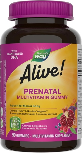 [BRSWKGIOB4AAEGT4] Nature’s Way Alive! Prenatal Multivitamin, Plant-Based DHA for Baby's Healthy Brain & Eye Development*, Vegetarian, Orange and Raspberry Lemonade Flavored, 90 Gummies (Packaging May Vary)