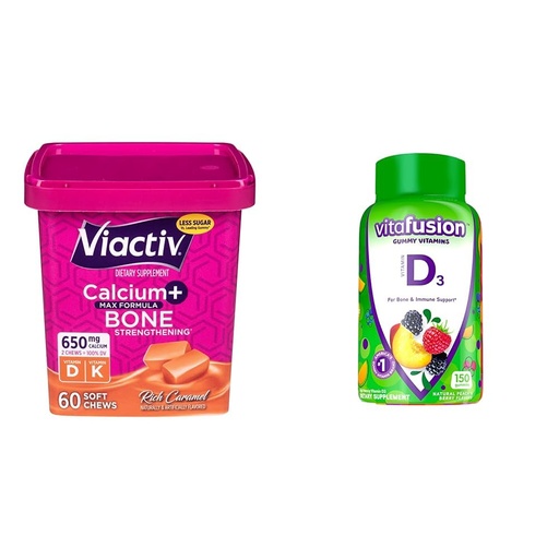 [BRSROBQEOUMQAGY4] Viactiv Calcium +Vitamin D3 Supplement Soft Chews, Caramel, 60 Chews - Calcium Dietary Supplement & Vitafusion Vitamin D3 Gummy Vitamins for Bone and Immune System Support, Peach, BlackBerry