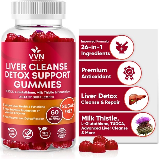 [BRSW2CYOA4HQ2HI6] VVNaturals Sugar-Free 26-in-1 Liver Cleanse Detox & Repair Fatty Liver Formula Gummies; 3000mg Blend of Glutathione, Silymarin Milk Thistle, Choline, TUDCA | Liver Detox Gummies - 60 Vegan Ct