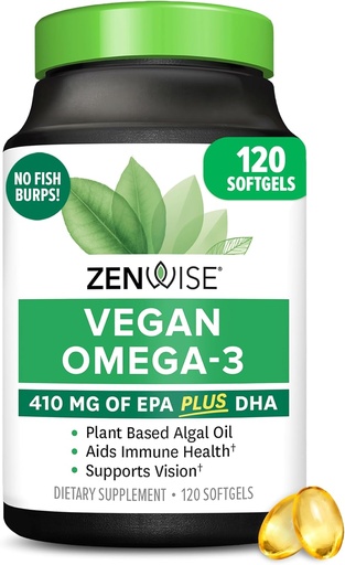 [BRSWGZQHOYBQ4EQV] Zenwise Health Vegan Omega 3 Supplement - Burpless Omega 3 Supplement with DHA, EPA & DPA Fatty Acids for Immune Health - Fish Oil Alternative from Sustainably Sourced Marine Algae Oil - 120 Softgels