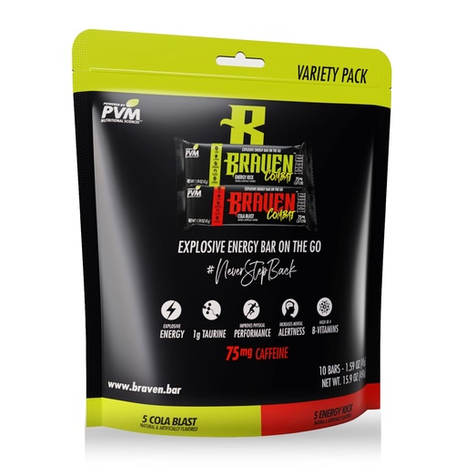[BRSROGTYOVYRGADZ] Braven Combat Variety Pack Energy Bars with Caffeine (1.59 oz, Pack of 10) – On-The-Go Energy Bars with 75mg Caffeine – Gluten Free Snacks
