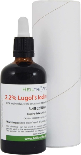 [BRSWYFDRBYMAKYD2] 2,2% Lugoli joodilahus 3.4 Fl Oz | Farmaatsiaklassi koostisosad | Lugolsi lahus, mis on valmistatud joodi ja kaaliumjodiidiga. Heiltropfen®