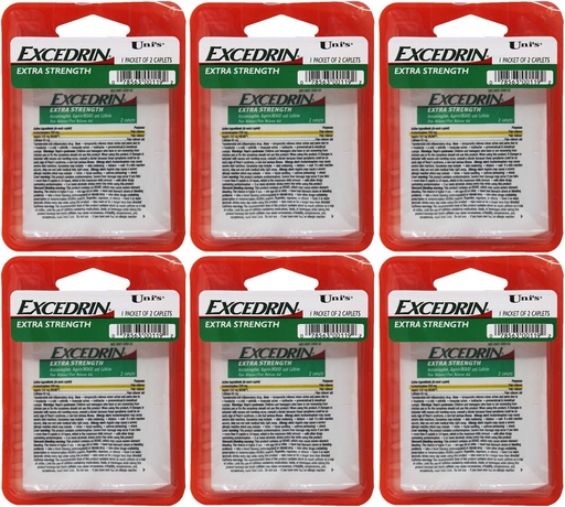 [BRSWGBIBB4HA2HLP] Excedrin της Uni's Extra Strength 6 Count Single Dose Relief 2 caplets σε κάθε πακέτο. Βοηθά στην ανακούφιση του Πονοκέφαλου, του Οδοντόκοποιου, του Πονοκεφάλου, του Εμμηνορρυϊκού Καταιγισμού, του Κοινού Κρύου και των Μυϊκών Παχέων.