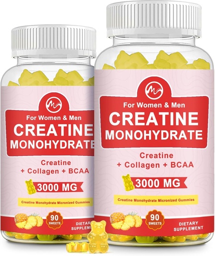 [BRSROH3RCIPWGFLK] (2 Pack) Kreatin Monohydrat Gummy, sukkerfri Chewable Creatine kosttilskudd for menn og kvinner, Kreatin Gummy gevinster for å bygge muskler, energi, pre trening, Pineapple Flavored
