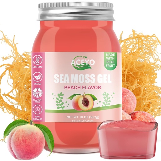 [BRSRMCAFOIPGO2TX] ACEYO (18 OZ) Irish Sea Moss Gel Organic Raw Vegan Peach Flavor 102 Vitamins and Minerals Wild Harvested Non-GMO Immune Defense Booster Thyroid Digestive Support