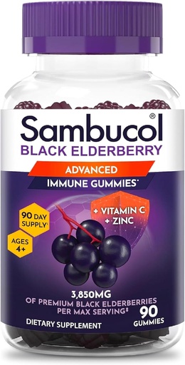 [BRSW2AQEPMHBECDH] Sambucol Elderberry Gummies for Adults with Vitamin C; Zinc; Sambucus Elderberry Gummies for Immune Support with High Antioxidants; Gluten Free; Vegan; 1 Gummy Per Serving; 90 Count (90 Day Supply)