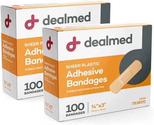 [BRSWKEAPAR7WEEDO] Dealmed Sheer Plastic Flexible Adhesive Bandages – 100 Count (2 Pack) Bandages with Non-Stick Pad, Latex Free, Wound Care for First Aid Kit, 3" x 3/4"