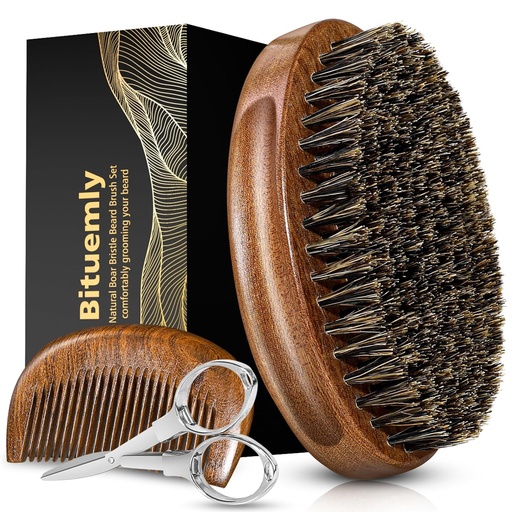 [BRSROCD7C5YWAGTK] Beard Brush, Natural Boar Bristles Beard Brush for Men and Wooden Sandalwood Pocket Beard Comb Set, Facial Hair Grooming Kit with Mustache Scissors as a Styling Tool, Growth, Detangles, Shine