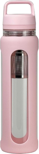 [BRSRAFD6PINAOAAV] 20oz Glass Water Bottle with Silicone Sleeve, 600ml Mug with 2 Tier Lid (Wide Mouth and Small Mouth Straight Drinking) with Tea Leak Bottle - Gym Yoga Outdoor Activities (Pink)