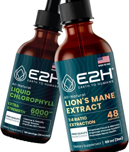[BRSROGIQO4DRAD3J] E2H: Liquid Chlorophyll and Lion's Mane Mushroom | Vegan, Non-GMO - 2 Fl Oz Each (4 Fl Oz Total) - Bundle