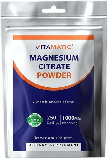 [BRSRAAIBOUARMGTJ] Citrato di Magnesio Vitamatico 1000mg per Serving Supporta Muscolo, Giunto e Salute Del Cuore 250 Grammi - 250 Serve