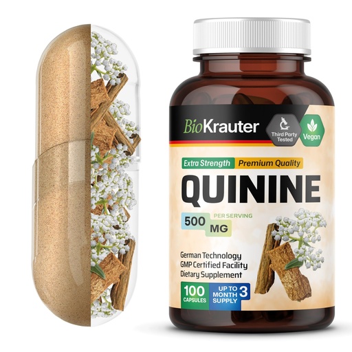 [BRSWGHYHPIIRGHI6] BIO KRAUTER Quinine for Leg Cramps Capsules 500 mg - 100 Count - Cinchona Bark Powder - Quinine Capsules - Vegan, No Fillers