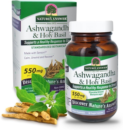 [BRSW2CQDO4IA43TG] Nature's Answer Ashwagandha Root with Holy Basil 60 Capsules | Supports a Healthy Response to Stress* | Calm. Relax and Unwind*. | Gluten Free | Non-GMO | Kosher | Vegan | Vegetarian