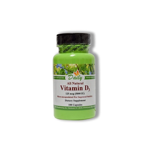 [BRSWKYICCYNRQFL2] Daily Manufacturing Vitamin D3 5000 IU (125 mcg) – Non‑GMO, Gluten‑Free, Kosher, Vegetarian Capsules – Supports Bone, Immune & General Wellness - 100 Count
