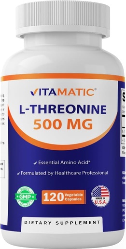 [BRSW2AQNAAIR6EQ3] Vitamatic L-Threonine 500mg – 120 Vegetable Capsules Promotes Healthy Liver, Cardiovascular & Structural Function
