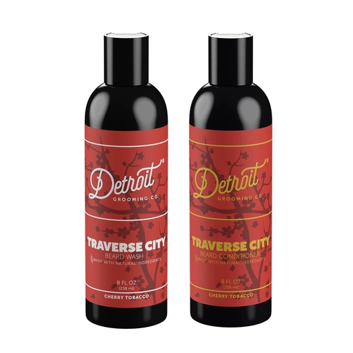 [BRSW2HTRCMHREAAZ] Detroit. Grooming Co. Beard Wash and Beard Conditioner - Men's Kit - Softens,Strengthens,Moisturize - Biotin-Infused w/Argan Oil, Apple Extract, Aloe Vera - Cherry Tobacco Scent - Traverse City - 8oz