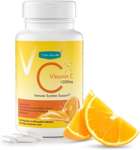 [BRSRAGD7BMMQYCLV] 1000mg Vitamin C, Immune Support, 120 Chewable Tablets, 60 Day Supply, Gluten-Free, Orange Flavor
